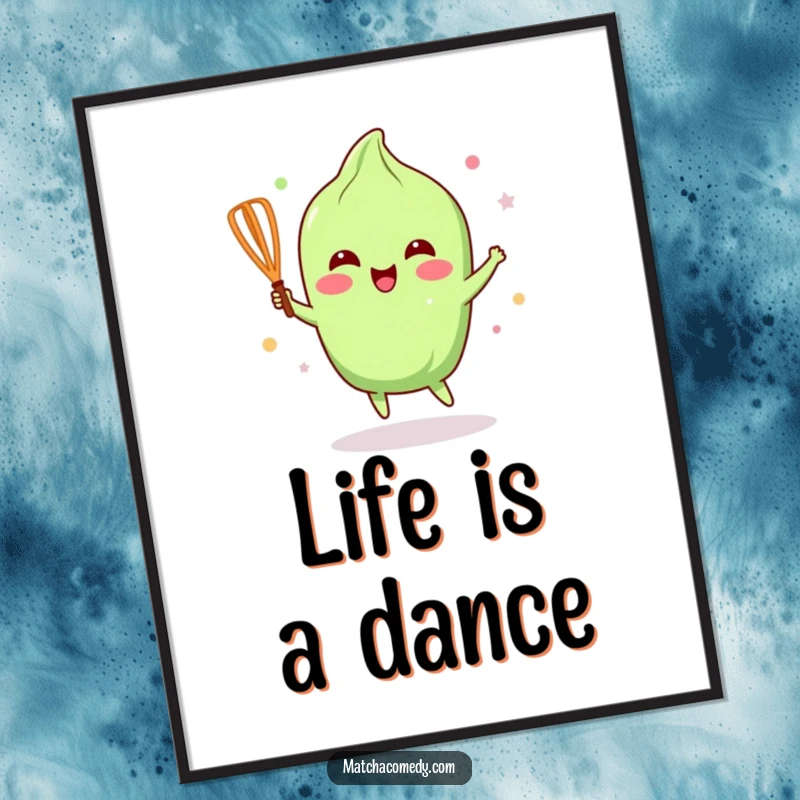 Funny Matcha Whisk Poster: An animated kawaii matcha whisk dances energetically, radiating happiness and excitement.