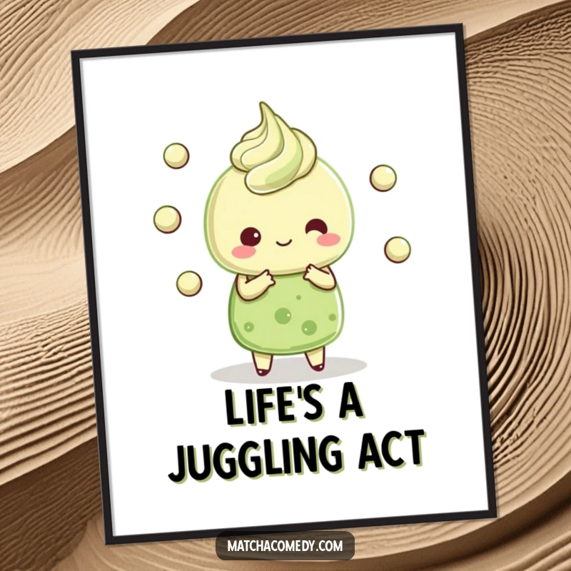 Funny Kawaii matcha dessert character comically juggling small matcha balls, vibrant colors, lovely wall decoration.