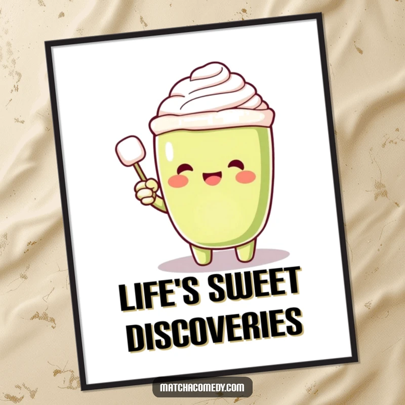 Funny Matcha Latte Poster featuring an excited matcha latte character pointing at a floating sugar cube, perfect for a cheerful, sweet-themed decor.