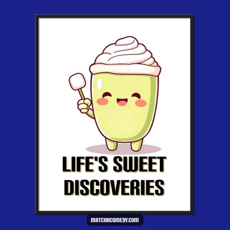 Funny Matcha Latte Sugar Seeker Poster: Excited Character, Floating Cube, Wall Art Gift