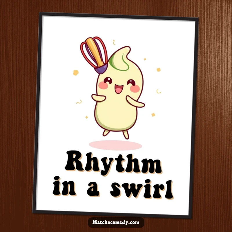 Funny Poster of a kawaii matcha whisk performing an energetic, joyful dance, perfect for adding dynamic movement to decor.