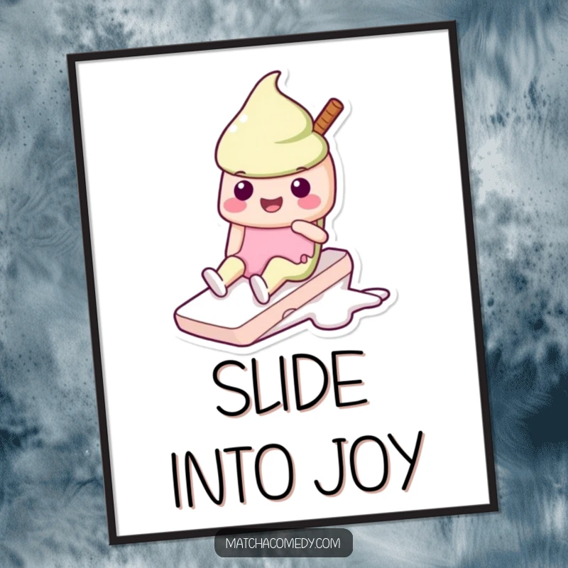 Funny Kawaii matcha ice cream poster with a character happily sliding, adding a touch of sweet and playful art.