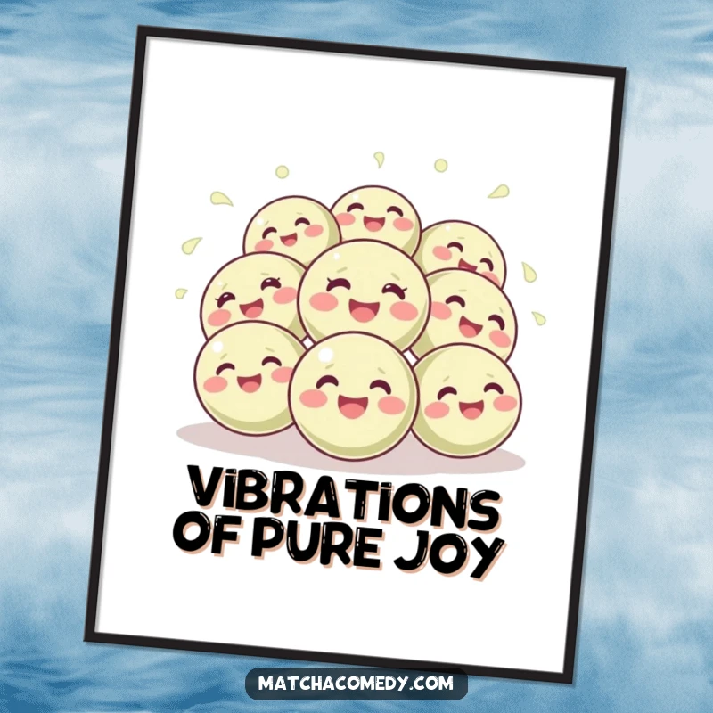 Funny poster with a dynamic depiction of happy, giggling matcha balls bouncing energetically, creating a joyful and lively atmosphere.