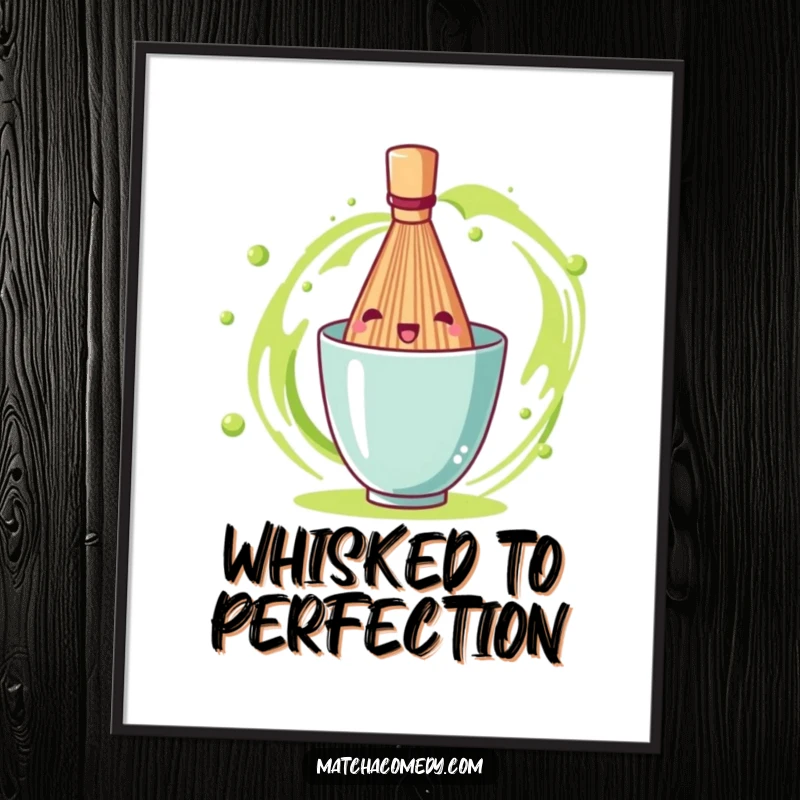 Funny matcha tea whisk depicted in a lively, spinning motion, creating a piece of energetic and cheerful wall art.