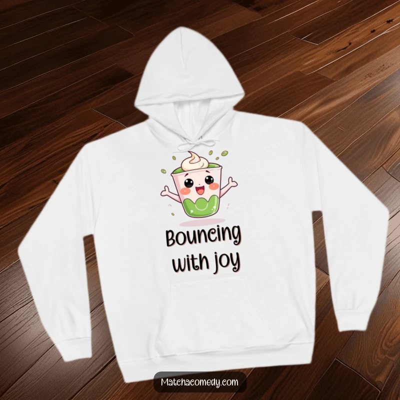 Funny Matcha Cup Hoodie: An animated kawaii matcha cup is shown bouncing with sheer delight, perfect for tea lovers.
