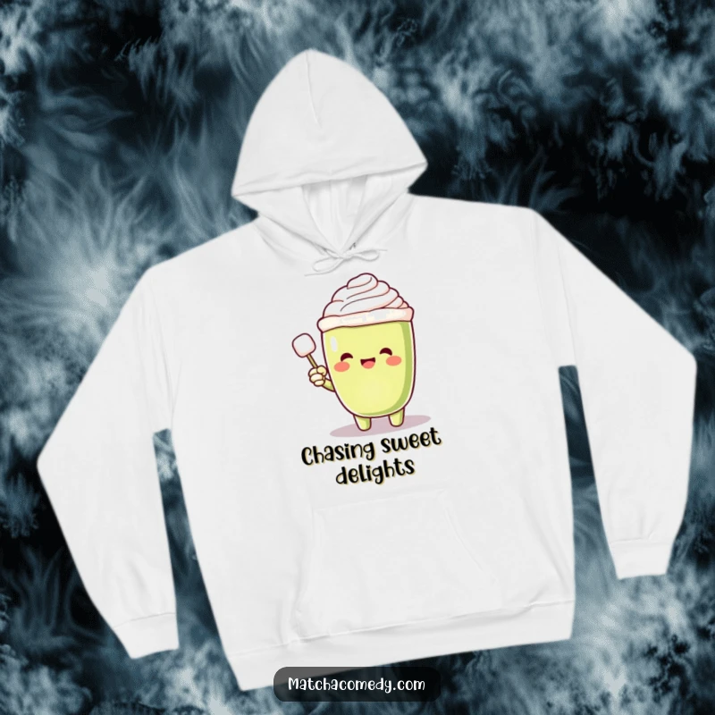 Funny Matcha Latte Hoodie with an excited character pointing excitedly at a floating sugar cube, offering warmth and playful charm.