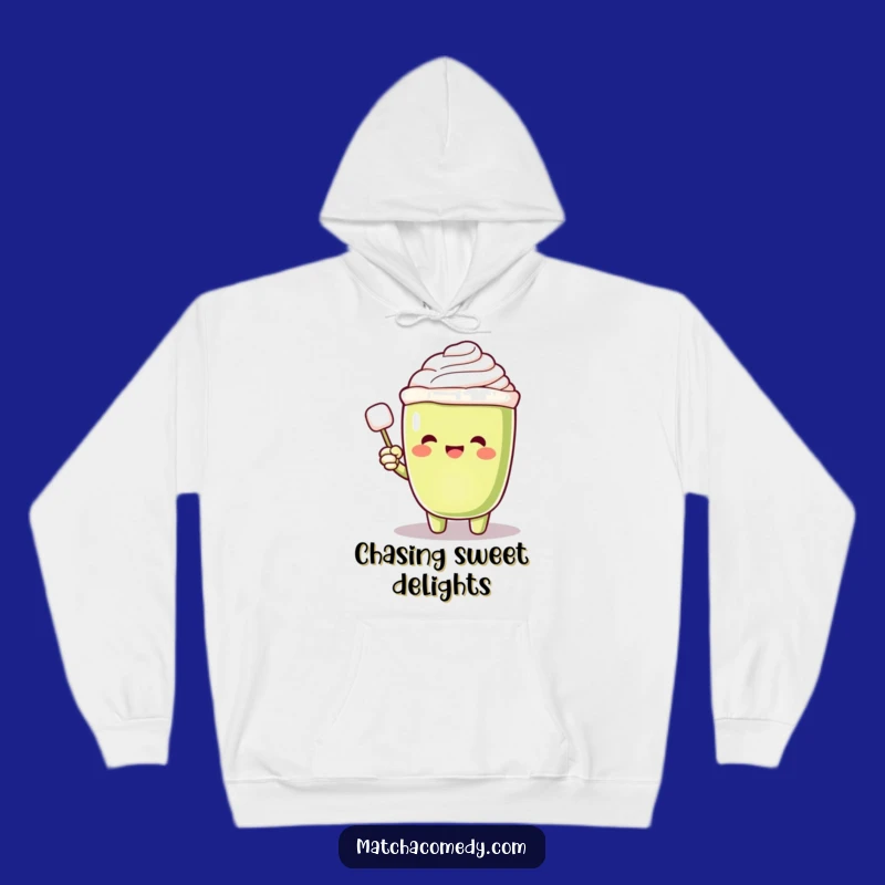 Funny Matcha Latte Sugar Seeker Hoodie: Excited Character, Floating Cube, Cozy Gift