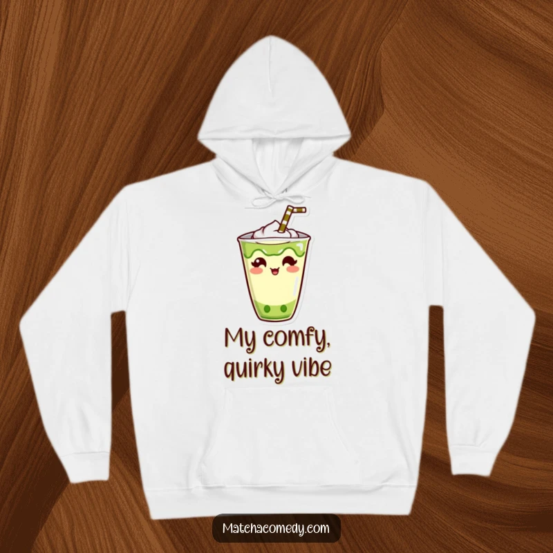 Funny Kawaii Matcha Drink Hoodie: Soft and warm, featuring a cute beverage character with a straw sticking out humorously.
