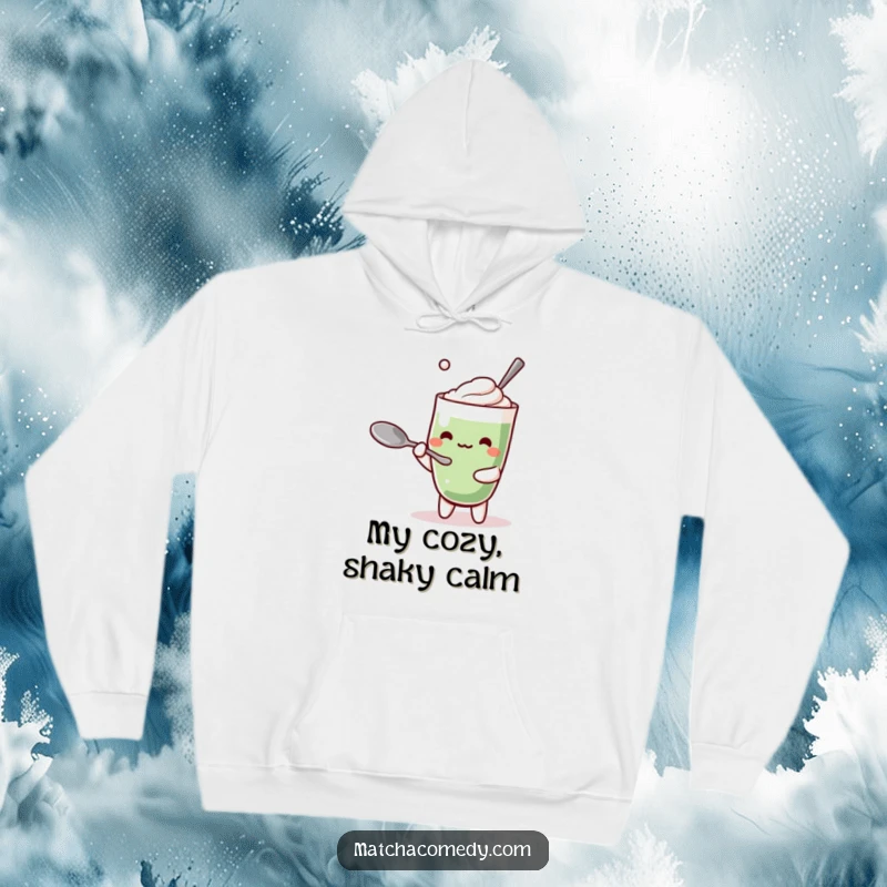 Funny Kawaii Matcha Latte Hoodie: Soft and warm, featuring a cute beverage character humorously balancing a spoon.