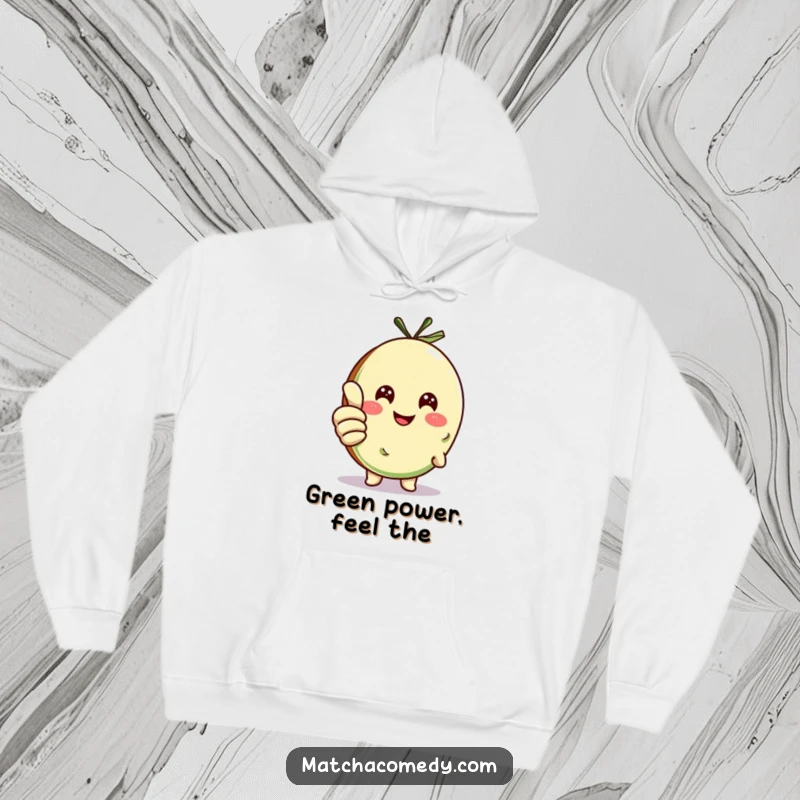 Funny matcha cookie character giving a positive thumbs up, featured on a warm, comfortable hoodie, perfect for casual humor.