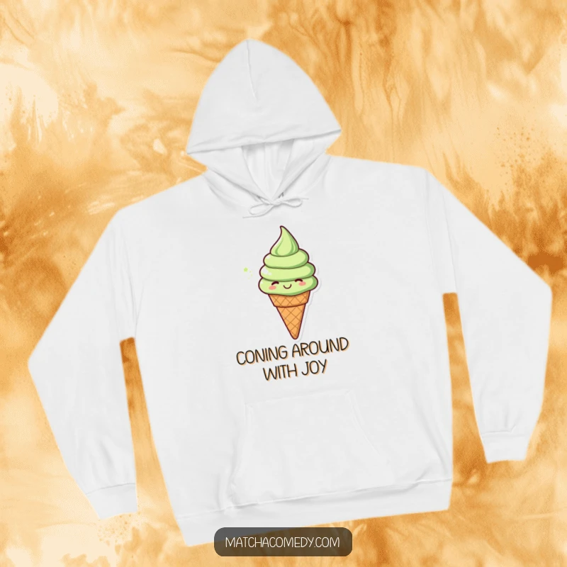 Funny matcha ice cream cone in a cheerful spinning motion, printed on a cozy hoodie. A delightful and warm design for all.