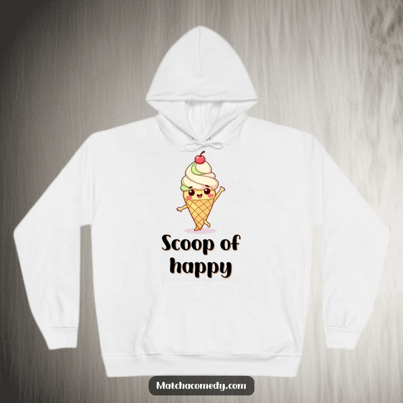 Funny Matcha Ice Cream Cone Hoodie showing a happy character doing a sweet dance with a cherry on top.