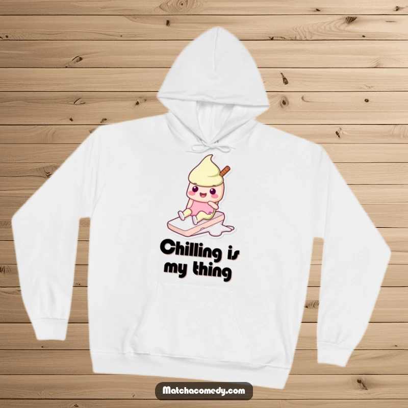 Funny Kawaii matcha ice cream hoodie with a character happily sliding, designed for comfort and sweet, playful vibes.