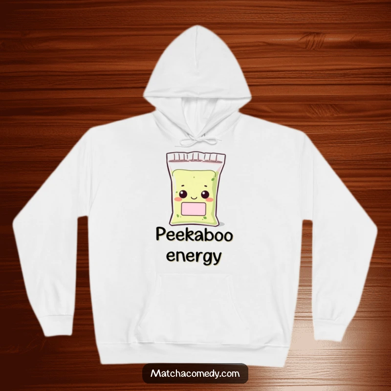 Funny Kawaii matcha powder bag hoodie with a character peeking out with a grin, designed for comfort and playful charm.