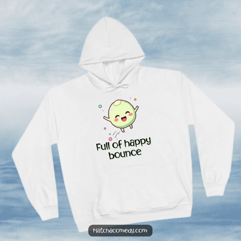 Funny matcha mochi hoodie featuring a character bouncing with excitement and leaving happy particles, perfect for cozying up, a delightful funny gift.
