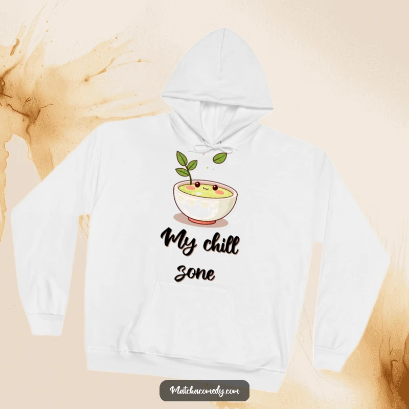 Funny Kawaii matcha bowl character amused by a floating leaf, soft interior, ideal for relaxing or casual outings.