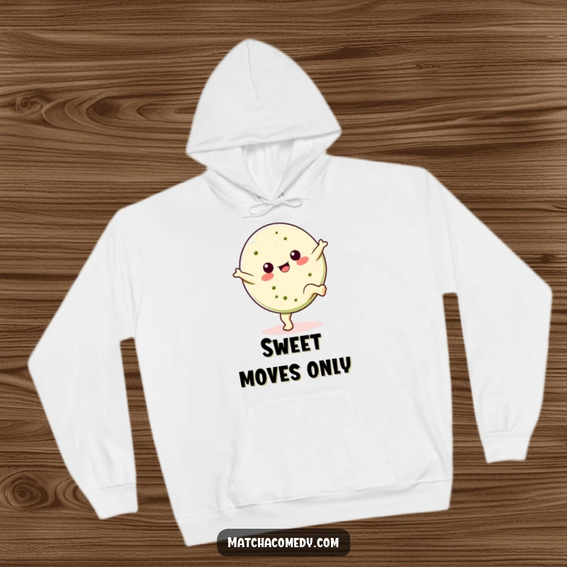 Funny Kawaii matcha cookie hoodie depicting a cartwheeling cookie, combining warmth with playful energy, an excellent gift choice.