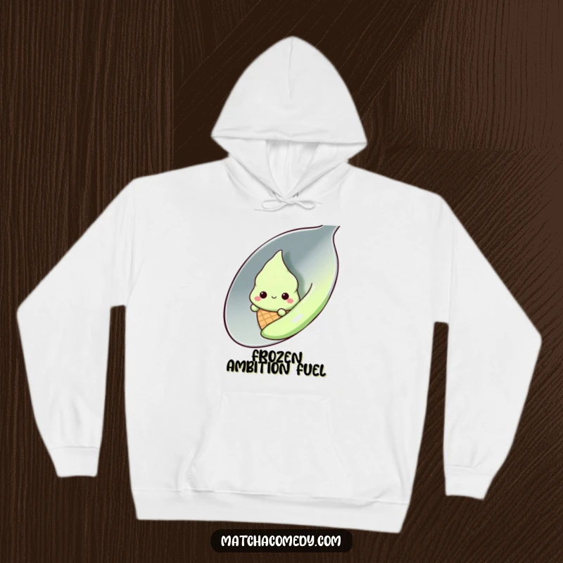 Funny shy kawaii matcha ice cream cone peeking from behind a large spoon, hoodie, cozy, cute, sweet, warm gift.