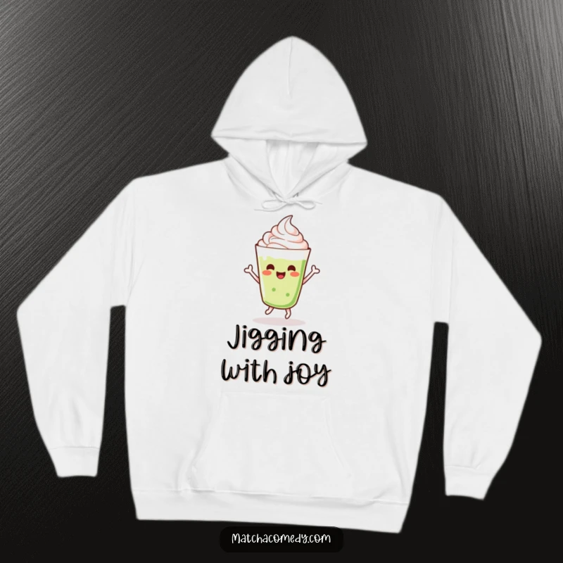 Funny dancing kawaii matcha latte with whipped cream, doing a cheerful jig, hoodie.