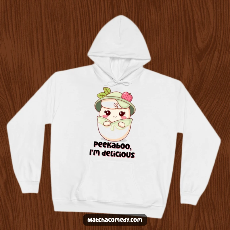 Funny matcha parfait hoodie featuring a character peeking from layers with a cheeky grin, perfect for cozying up, a delightful funny gift.