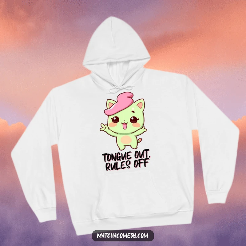 Funny matcha sweet hoodie featuring a character striking a funny pose with tongue playfully sticking out, perfect for cozying up, a delightful funny gift.