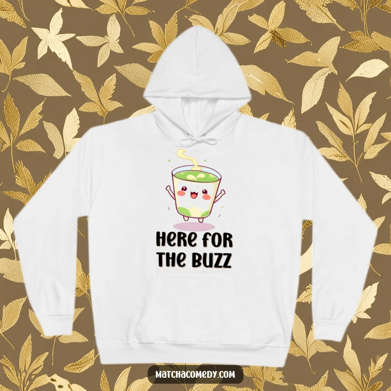 Funny Hoodie showcasing a hyperactive kawaii matcha tea cup bouncing with boundless enthusiasm, designed for warmth and fun.