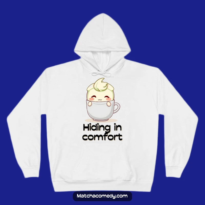 Funny Shy Matcha Latte Hoodie: Blushing Character, Teabag Hide, Cozy Gift