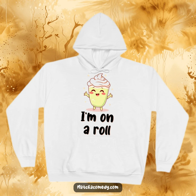 Funny Matcha Latte Hoodie showing a cheerful character doing a frothy shimmy, perfect for cozy, happy vibes.