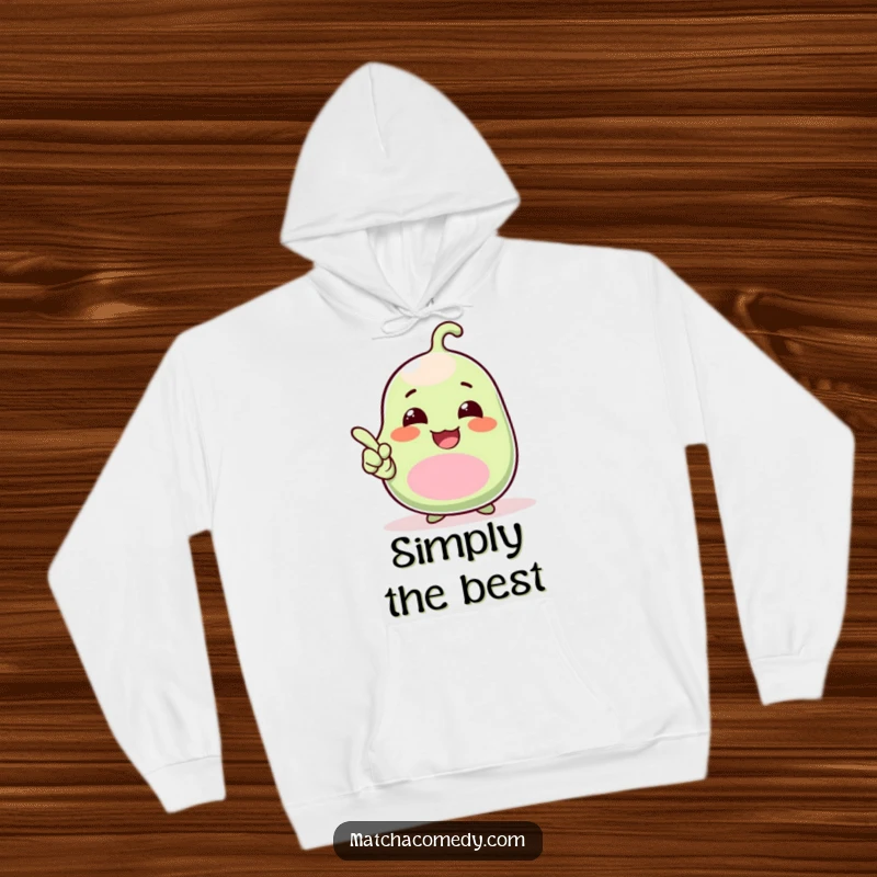 Funny Hoodie showcasing a laughing kawaii matcha bean pointing energetically upwards, embodying pure excitement and a comical vibe.