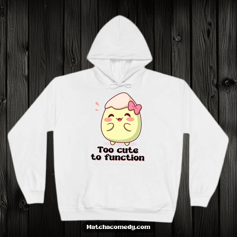Funny Kawaii matcha mochi in a hilarious pose featured on this soft and warm hoodie.