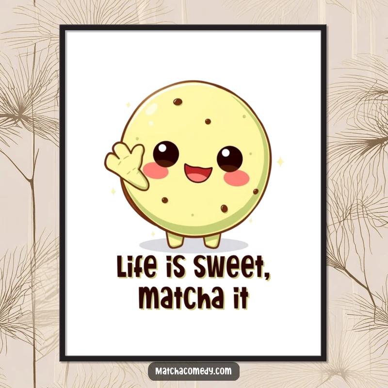 Funny Free Printable Wall Art showcasing a Kawaii matcha cookie character waving cheerfully, perfect for a playful, cute decor piece.