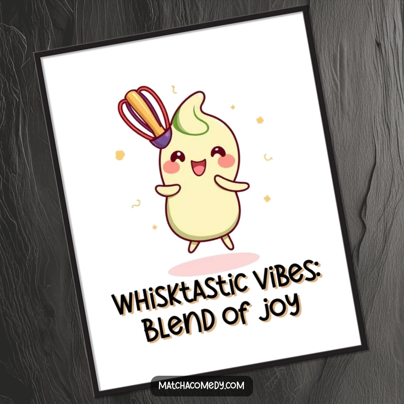Funny Free Printable wall art of a kawaii matcha whisk caught mid-dance, radiating pure happiness and playful movement.