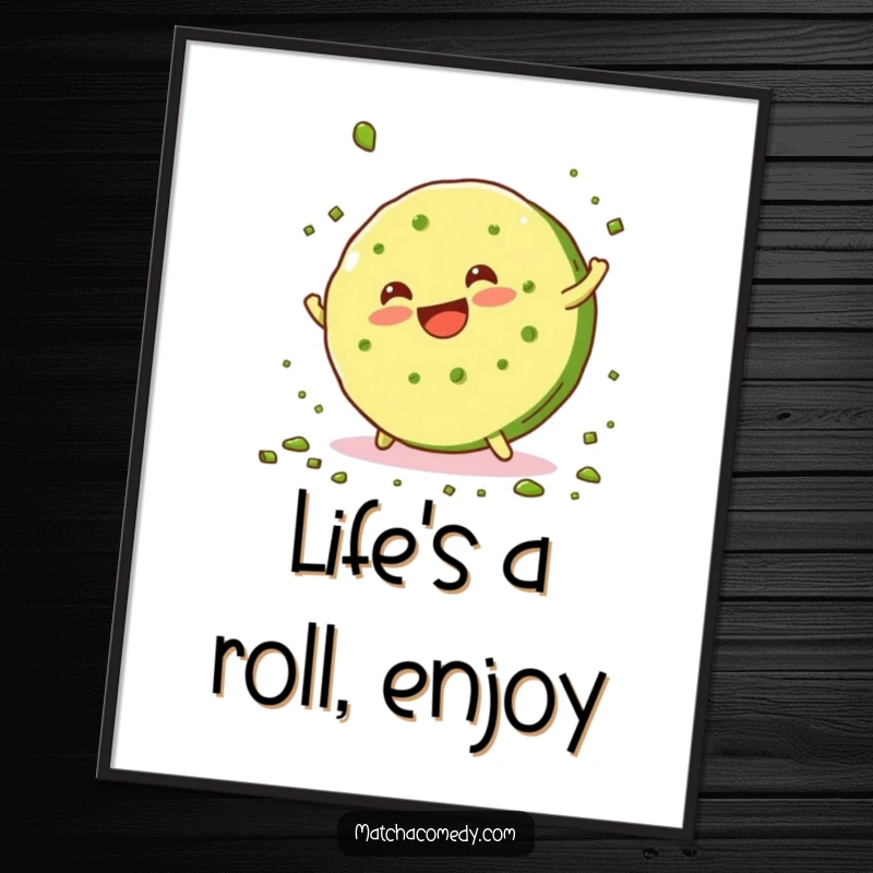 Funny Free Printable Wall Art: A smiling matcha cookie mid-cartwheel, scattering green crumbs, bringing a dose of playful humor to your decor.