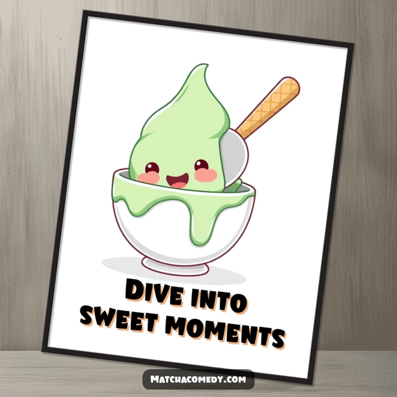 Funny Free Printable Wall Art: A happy matcha ice cream scoop in mid-dive into a bowl, full of delight and playful charm.