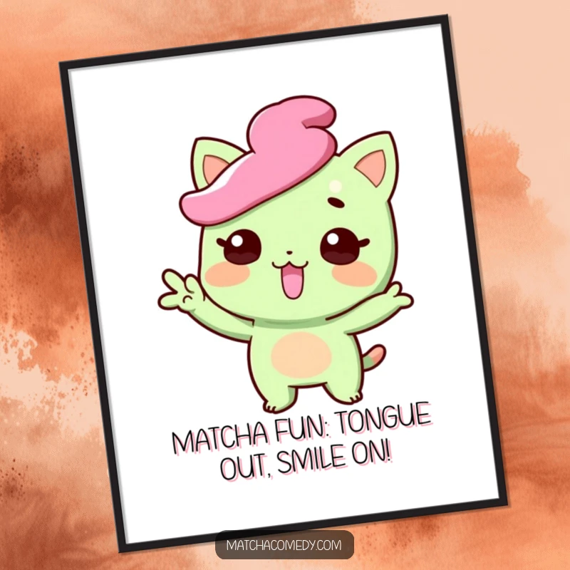 Funny Free Printable Wall Art: Matcha sweet character striking a funny pose with tongue playfully sticking out.