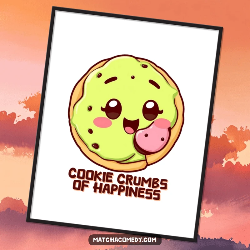 Funny Free Printable Wall Art: Happy kawaii matcha cookie with wide, joyful eyes, offering a bite.