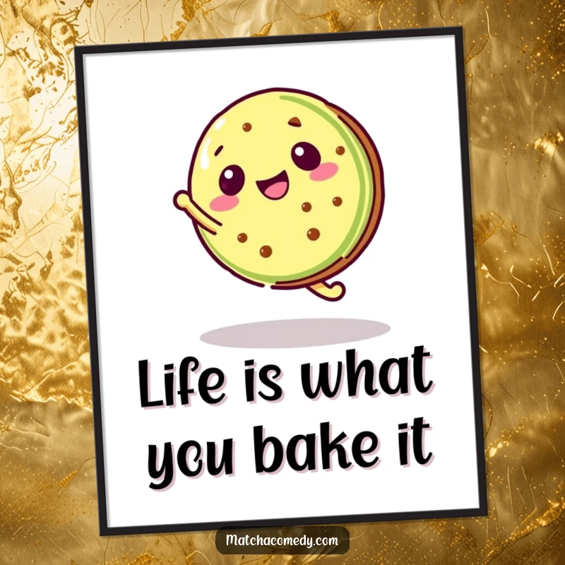 Funny Free Printable Wall Art: A Kawaii matcha cookie performing an impressive cartwheel, full of playful energy.