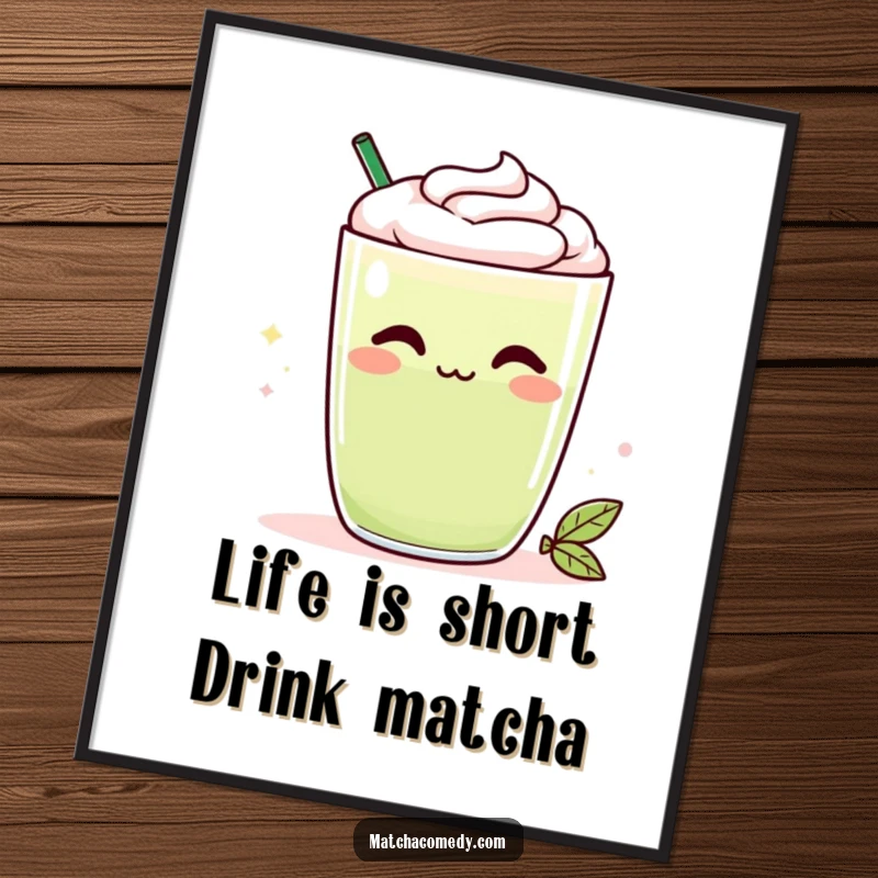 Funny Free Printable Wall Art: A Kawaii matcha latte with a cheeky smirk, bringing playful vibes to your room decor.
