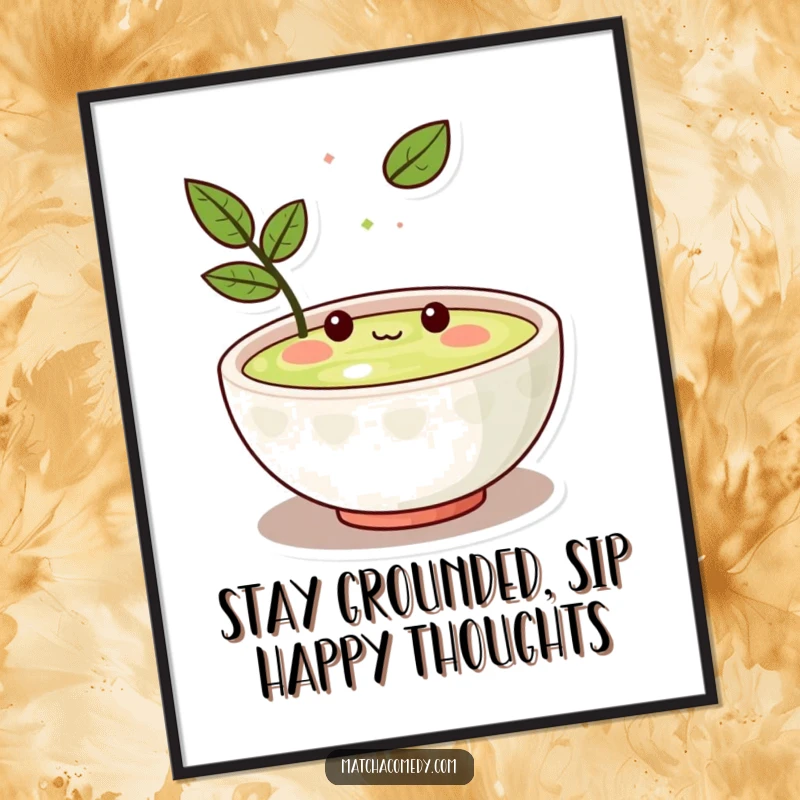 Funny Free Printable Wall Art of a kawaii matcha bowl character looking amused by a single leaf floating serenely on its surface.