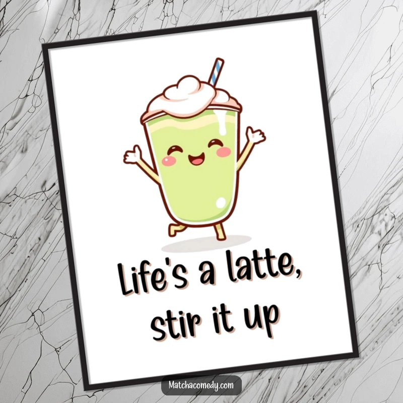 Funny Free Printable Wall Art: Kawaii matcha latte character doing a joyous jig, bringing vibrant energy and playful charm to your decor.