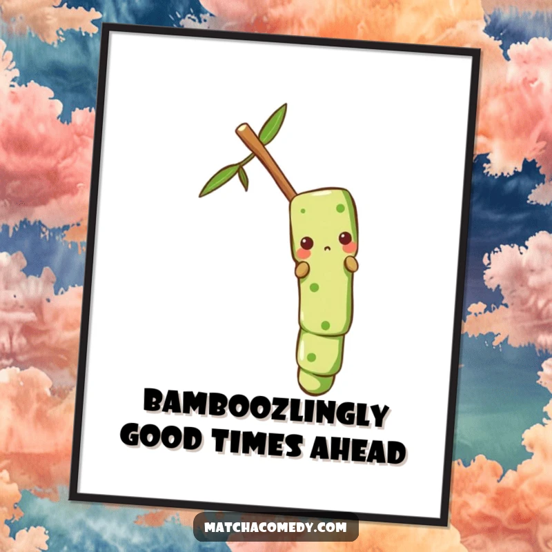 Funny Free Printable Wall Art: An anthropomorphic matcha stir stick slides down a bamboo stalk, adding dynamic and humorous energy.