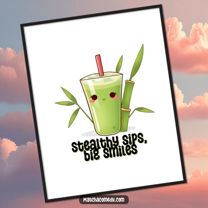 Funny Free printable Wall Art: A shy matcha drink character peeks from behind a giant bamboo leaf, adding a touch of sweet humor.