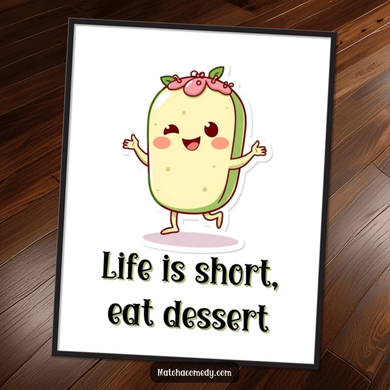 Funny Free Printable Wall Art: A kawaii matcha pastry character busting a move with a lively Charleston dance.