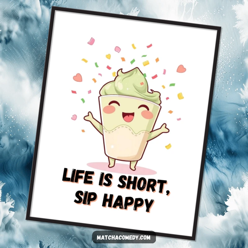 Funny Free Printable Wall Art of a matcha cup character joyously throwing confetti, a delightful humorous downloadable.