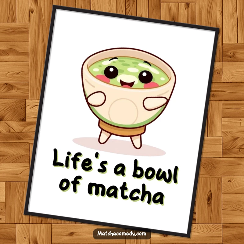 Funny Free Printable Wall Art: A smiling matcha bowl caught in a cheerful, energetic dance.