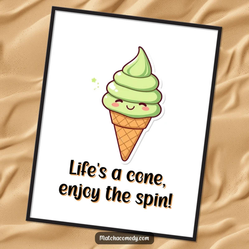 Funny free printable wall art: A vibrant matcha ice cream cone caught mid-spin with pure joy.