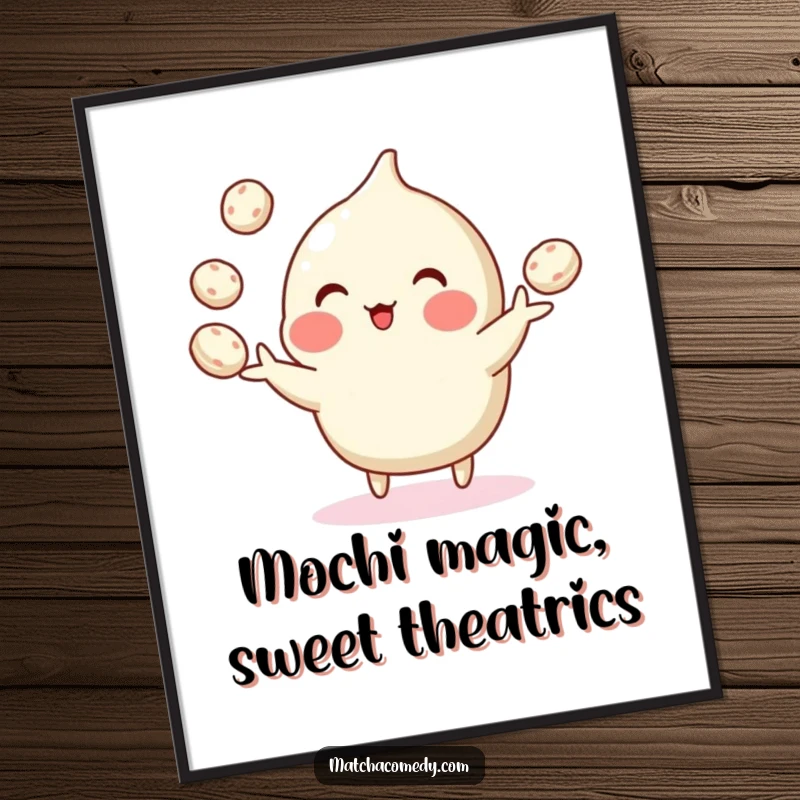 Funny free printable wall art depicting a matcha dessert concentrating on juggling multiple tiny mochi with its small, dexterous hands.