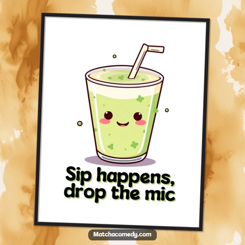 Funny Free Printable Wall Art: Kawaii matcha drink with straw executing a cool, confident mic drop.