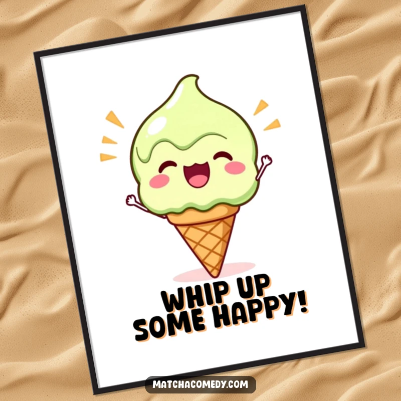 Funny Free Printable Wall Art: A Kawaii matcha ice cream cone cheering with infectious enthusiasm, bringing a sweet vibe to any room.