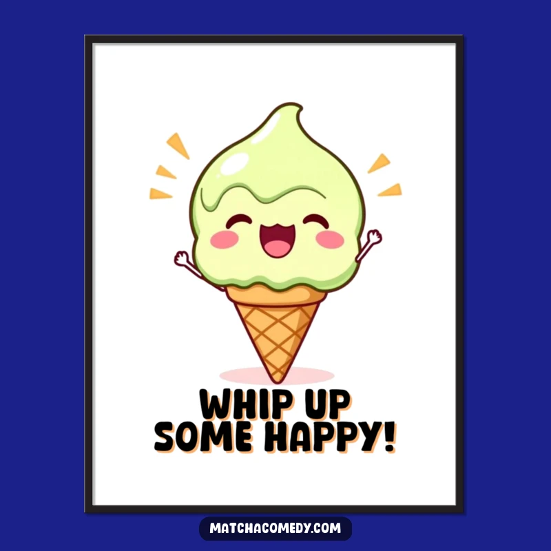 Free Printable Kawaii Matcha Ice Cream Wall Art: Funny Cheering Cone Decor Downloadable Art